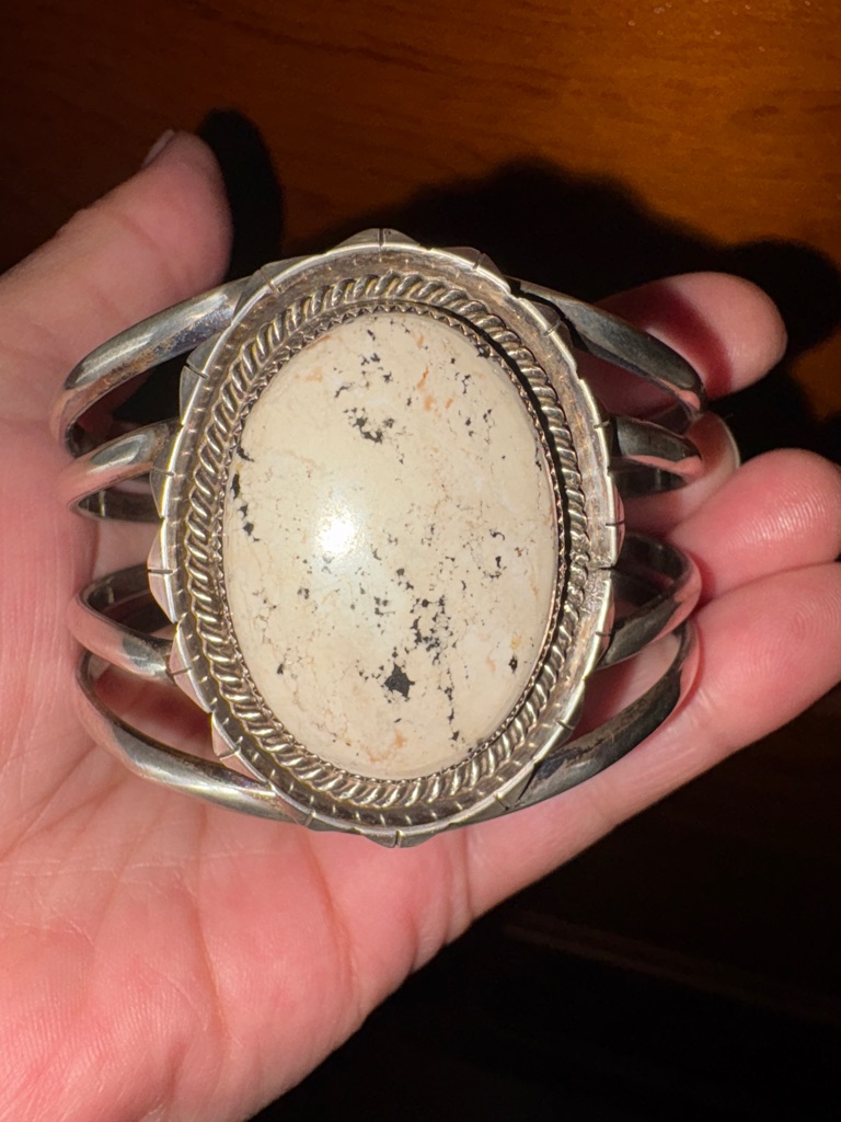 Cream White Howlite Speckled Stone Silver Cuff Bracelet